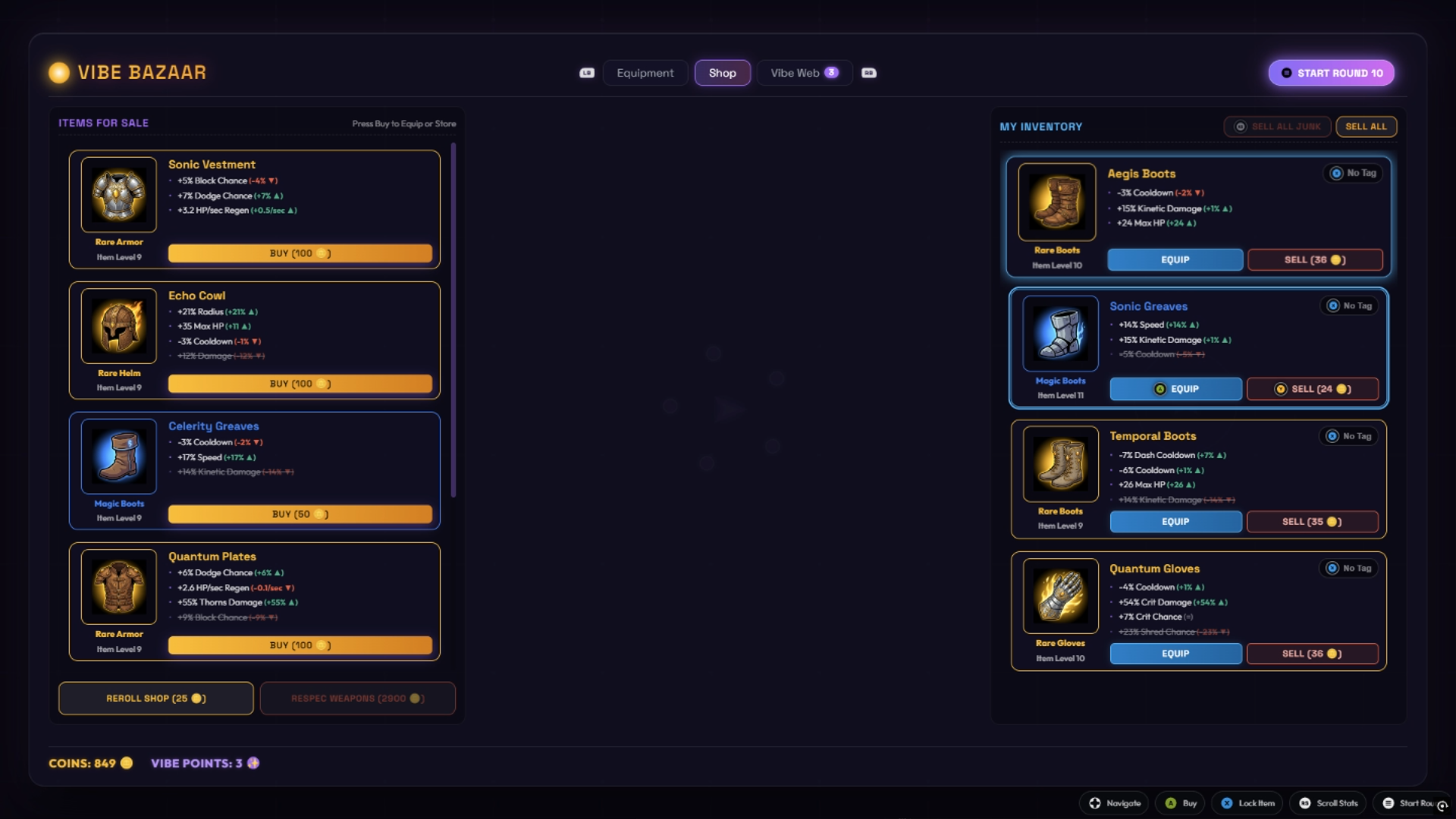 Intermission shop for weapon upgrades, gear, and stat boosts